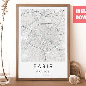 パリ フランス地図プリント | パリの地図 | デジタルウォールアート | パリ市地図ポスター | ギフトマップ | モダンマップ | ミニマリストスタイル