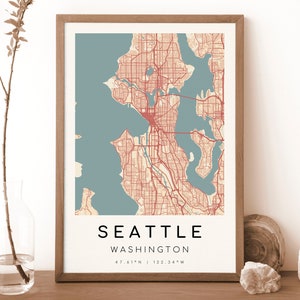 SEATTLE Washington-kaart afdrukken | Kaart van Seattle | Digitale muurkunst | Poster stadskaart Seattle | Cadeaukaart | Moderne kaart | Botticelli-stijl