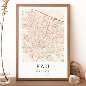 PAU Frankreich Karte Drucken | Karte von Pau | Digitales Wandbild | Pau City Map Poster | Geschenk Karte | Moderne Karte | Vintage-Stil