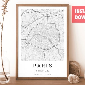 パリ フランス地図プリント | パリの地図 | デジタルウォールアート | パリ市地図ポスター | ギフトマップ | モダンマップ | 白黒スタイル