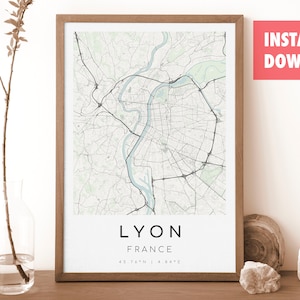 Impresión del mapa de Lyon, Francia / Mapa de Lyon / Arte mural digital / Póster del mapa de la ciudad de Lyon / Mapa de regalo / Mapa moderno / Estilo minimalista2