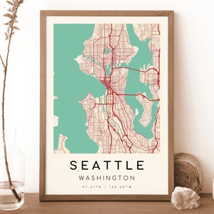 SEATTLE Washington-kaart afdrukken | Kaart van Seattle | Digitale muurkunst | Poster stadskaart Seattle | Cadeaukaart | Moderne kaart | vintage stijl