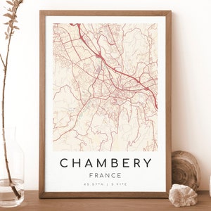 Impresión de mapa de Chambéry, Francia / Mapa de Chambéry / Arte mural digital / Póster con mapa de la ciudad de Chambéry / Mapa de regalo / Mapa moderno / Estilo vintage