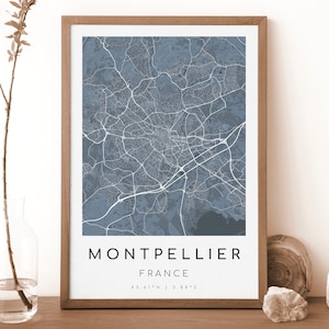 Impresión de mapa de Montpellier, Francia / Mapa de Montpellier / Arte mural digital / Póster con el mapa de la ciudad de Montpellier / Mapa de regalo / Mapa moderno / Estilo azul marino