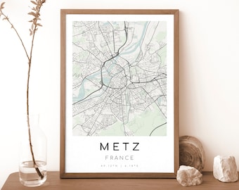 METZ Francia Mappa Stampa / Mappa di Metz / Arte della parete digitale / Poster della mappa della città di Metz / Mappa regalo / Mappa moderna / stile minimalista2