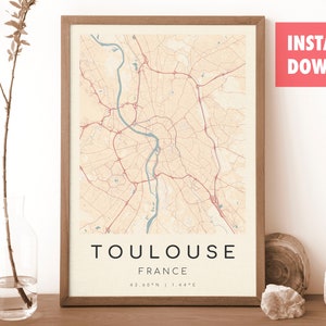 TOULOUSE Frankreich Karte Drucken | Karte von Toulouse | Digitales Wandbild | Toulouse Karte Poster | Geschenk Karte | Moderne Karte | botticelli stil