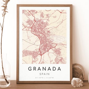 GRANADA Spain Map Print | Map of Granada | Digital Wall Art | Granada City Map Poster | Gift Map | Modern Map | vintage style