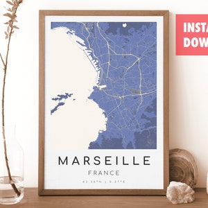 MARSEILLE Frankreich Karte Drucken | Landkarte Marseille | Digitales Wandbild | Poster Marseille Stadtplan | Geschenk Karte | Moderne Landkarte | Vermeer Stil