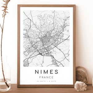 Impresión del mapa de Nimes, Francia / Mapa de Nimes / Arte mural digital / Póster del mapa de la ciudad de Nimes / Mapa de regalo / Mapa moderno / Estilo blanco y negro