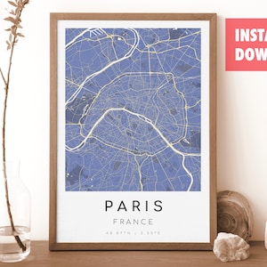 パリ フランス地図プリント | パリ地図 | デジタルウォールアート | パリ市街地図ポスター | ギフトマップ | モダンマップ | フェルメールスタイル