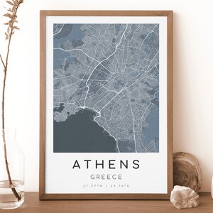 ATHEN Griechenland Karte Drucken | Karte von Athen | Digitales Wandbild | Poster Athen Stadtplan | Geschenk Karte | Moderne Landkarte | dunkelblauen Style