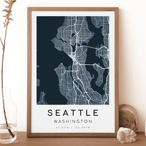 SEATTLE Washington-kaart afdrukken | Kaart van Seattle | Digitale muurkunst | Poster stadskaart Seattle | Cadeaukaart | Moderne kaart | marineblauwe stijl
