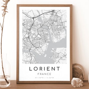Impression de carte de France de LORIENT | Plan Lorient | Art mural numérique | affiche de plan de ville de Lorient | Carte cadeau | Carte moderne | style noir et blanc