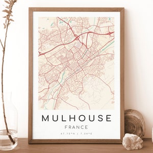 Impresión de mapa de Mulhouse, Francia / Mapa de Mulhouse / Arte mural digital / Póster con mapa de la ciudad de Mulhouse / Mapa de regalo / Mapa moderno / Estilo vintage