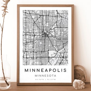MINNEAPOLIS Minnesota Map Print | Map of Minneapolis | Digital Wall Art | Minneapolis City Map Poster | Gift Map | Black and White style