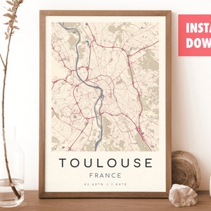 Impression de carte de France de TOULOUSE | Plan de Toulouse | Art mural numérique | Affiche de plan de ville de Toulouse | Carte cadeau | Carte moderne | style velasquez