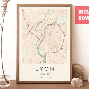 Impresión del mapa de Lyon, Francia / Mapa de Lyon / Arte mural digital / Póster del mapa de la ciudad de Lyon / Mapa de regalo / Mapa moderno / Estilo vintage