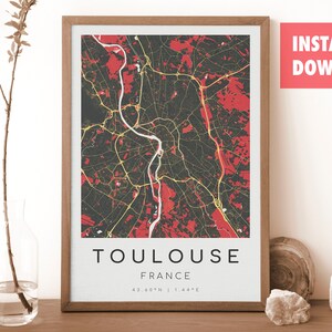 TOULOUSE Frankreich Karte Drucken | Karte von Toulouse | Digitales Wandbild | Toulouse Karte Poster | Geschenk Karte | Moderne Karte | im Kurozawa-Stil
