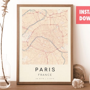 パリ フランス地図プリント | パリ地図 | デジタルウォールアート | パリ市街地図ポスター | ギフトマップ | モダンマップ | ボッティチェリスタイル