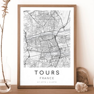 Impresión de mapa de Tours, Francia / Mapa de Tours / Arte mural digital / Póster con mapa de la ciudad de Tours / Mapa de regalo / Mapa moderno / Estilo blanco y negro
