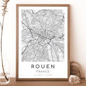 Impresión de mapa de Ruán, Francia / Mapa de Ruán / Arte mural digital / Póster con mapa de la ciudad de Ruán / Mapa de regalo / Mapa moderno / Estilo blanco y negro