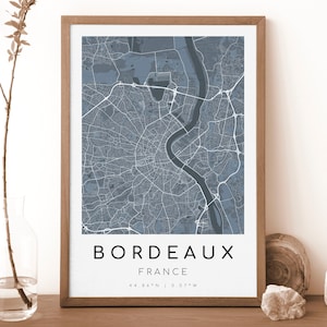 BORDEAUX Frankreich Karte Druck | Landkarte Bordeaux | Digitales Wandbild | Poster Bordeaux Stadt Karte | Geschenk Karte | Moderne Landkarte | dunkelblauen Style