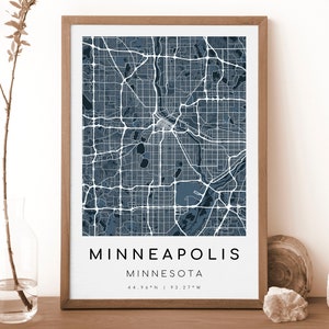 MINNEAPOLIS Minnesota Map Print | Map of Minneapolis | Digital Wall Art | Minneapolis City Map Poster | Gift Map | navyblue style