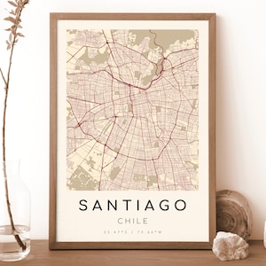 Impresión del mapa de Santiago, Chile / Mapa de Santiago / Arte mural digital / Póster del mapa de la ciudad de Santiago / Mapa de regalo / Mapa moderno / Estilo Velázquez