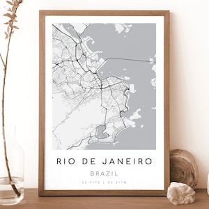 Impresión de mapa de RÍO DE JANEIRO, Brasil / Mapa de Río de Janeiro / Póster con mapa de la ciudad de Río de Janeiro / Mapa de regalo / Estilo blanco y negro