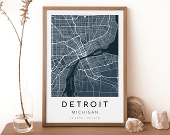 DETROIT Michigan Map Print | Map of Detroit | Digital Wall Art | Detroit City Map Poster | Gift Map | Modern Map | navyblue style