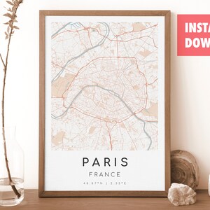 パリ フランス地図プリント | パリ地図 | デジタルウォールアート | パリ市地図ポスター | ギフトマップ | モダンマップ | ロココ様式
