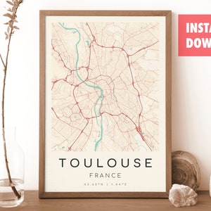 TOULOUSE Frankreich Karte Drucken | Karte von Toulouse | Digitales Wandbild | Toulouse Karte Poster | Geschenk Karte | Moderne Karte | Vintage-Stil