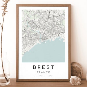 Impresión del mapa de BREST, Francia / Mapa de Brest / Arte mural digital / Póster del mapa de la ciudad de Brest / Mapa de regalo / Mapa moderno / Estilo minimalista2