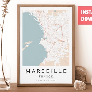 MARSEILLE Frankreich Karte Drucken | Karte von Marseille | Digitales Wandbild | Poster Marseille Stadtplan | Geschenk Karte | Moderne Landkarte | Rokoko-Stil