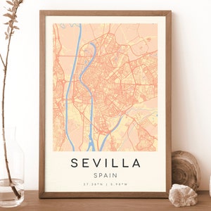 Impresión del mapa de SEVILLA España / Mapa de Sevilla / Arte mural digital / Póster del mapa de la ciudad de Sevilla / Mapa de regalo / Mapa moderno / Estilo primaveral