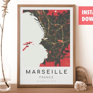 MARSEILLE Frankreich Karte Drucken | Landkarte Marseille | Digitales Wandbild | Poster Marseille Stadtplan | Geschenk Karte | Moderne Landkarte | im Kurozawa-Stil