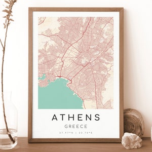ATHEN Griechenland Karte Drucken | Karte von Athen | Digitales Wandbild | Poster Athen Stadtplan | Geschenk Karte | Moderne Landkarte | Vintage-Stil