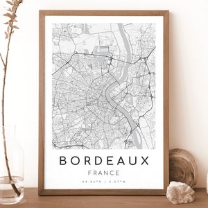 Impresión de mapa de Burdeos, Francia / Mapa de Burdeos / Arte mural digital / Póster con mapa de la ciudad de Burdeos / Mapa de regalo / Mapa moderno / Estilo blanco y negro