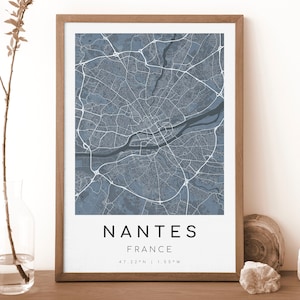 Impresión de mapa de NANTES, Francia / Mapa de Nantes / Arte mural digital / Póster con mapa de la ciudad de Nantes / Mapa de regalo / Mapa moderno / Estilo azul marino