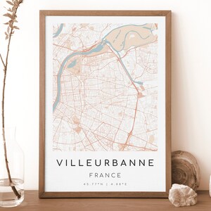VILLEURBANNE Frankreich Karte Drucken | Karte von Villeurbanne | Digitales Wandbild | Villeurbanne Karte Poster | Geschenk Karte | Rokoko-Stil
