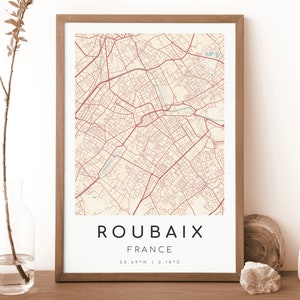 Impresión del mapa de Roubaix, Francia / Mapa de Roubaix / Arte mural digital / Póster del mapa de la ciudad de Roubaix / Mapa de regalo / Mapa moderno / Estilo vintage