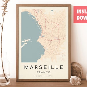 MARSEILLE Frankreich Karte Drucken | Karte von Marseille | Digitales Wandbild | Poster Marseille Stadtplan | Geschenk Karte | Moderne Karte | botticelli stil