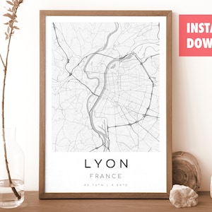 Impresión del mapa de Lyon, Francia / Mapa de Lyon / Arte mural digital / Póster del mapa de la ciudad de Lyon / Mapa de regalo / Mapa moderno / Estilo blanco y negro
