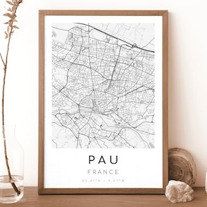 Impresión del mapa de Pau, Francia / Mapa de Pau / Arte mural digital / Póster del mapa de la ciudad de Pau / Mapa de regalo / Mapa moderno / Estilo blanco y negro