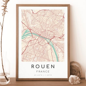 Impresión de mapa de Ruán, Francia / Mapa de Ruán / Arte mural digital / Póster con mapa de la ciudad de Ruán / Mapa de regalo / Mapa moderno / Estilo vintage