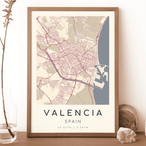 VALENCIA Spanien Karte Druck | Landkarte Valenien | Digitales Wandbild | Poster Karte Stadt | Geschenk Karte | Moderne Karte | im velazquez stil
