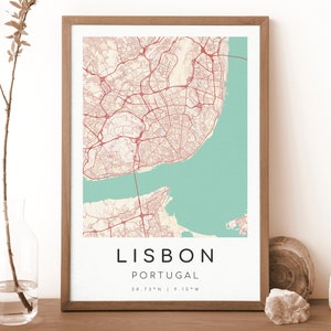 Kaart van LISSABON Portugal afdrukken | Kaart van Lissabon | Digitale muurkunst | Poster stadskaart Lissabon | Cadeaukaart | Moderne kaart | vintage stijl