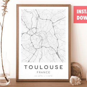 Impression de carte de France de TOULOUSE | Plan de Toulouse | Art mural numérique | Affiche de plan de ville de Toulouse | Carte cadeau | Carte moderne | style noir et blanc