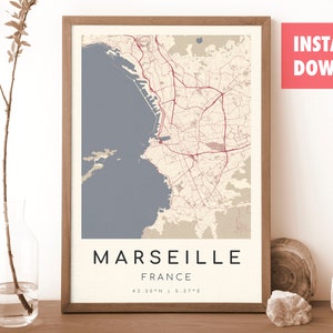 MARSEILLE Frankreich Karte Drucken | Karte von Marseille | Digitales Wandbild | Poster Marseille Stadtplan | Geschenk Karte | Moderne Karte | im velazquez stil