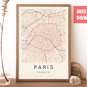 PARIS Frankreich Karte Drucken | Landkarte Paris | Digitales Wandbild | Paris Stadtplan Poster | Geschenk Karte | Moderne Landkarte | Vintage-Stil
